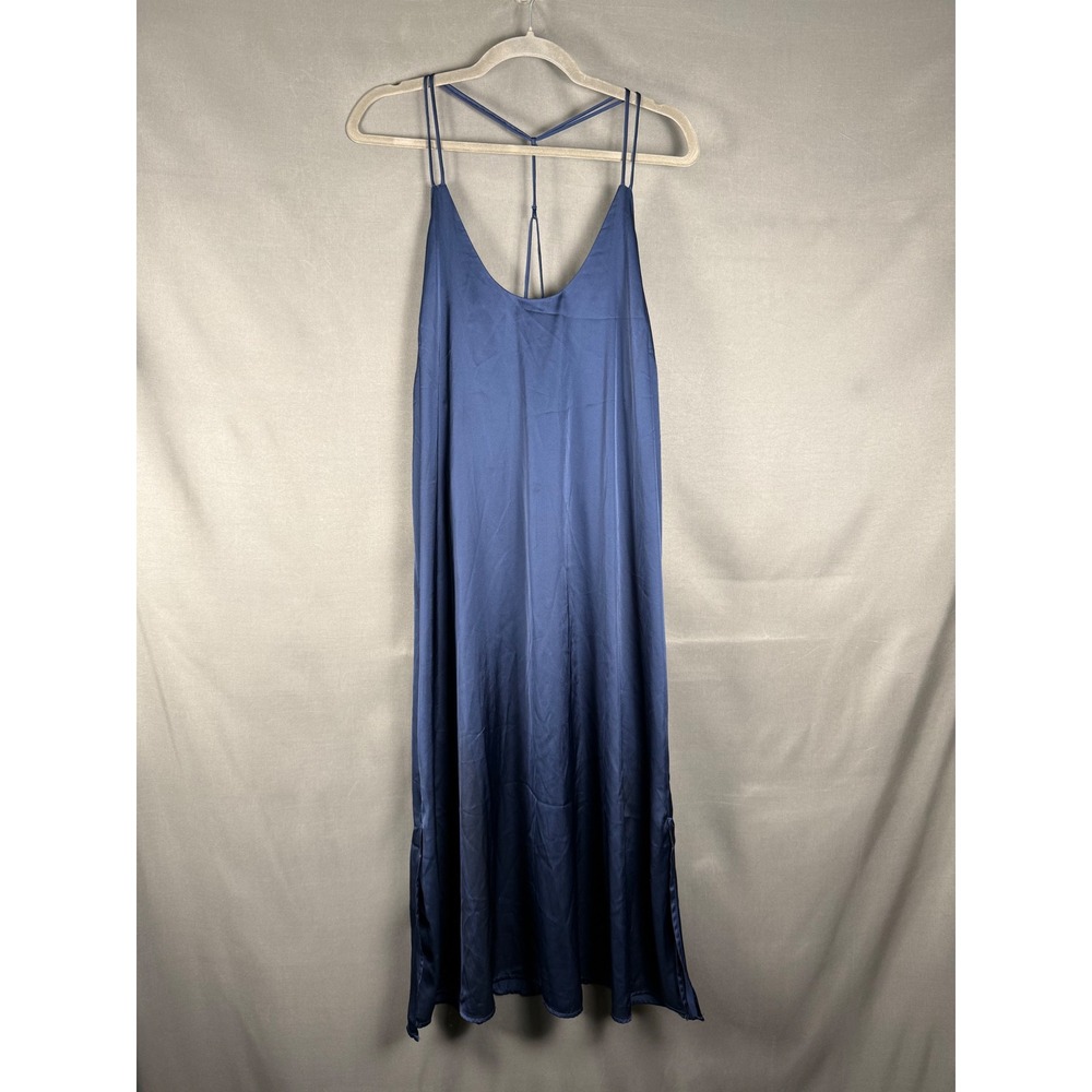 Target Slip Nightgown Women XL Navy Blue Satin V-Neck T-Back Midi Side Slits
